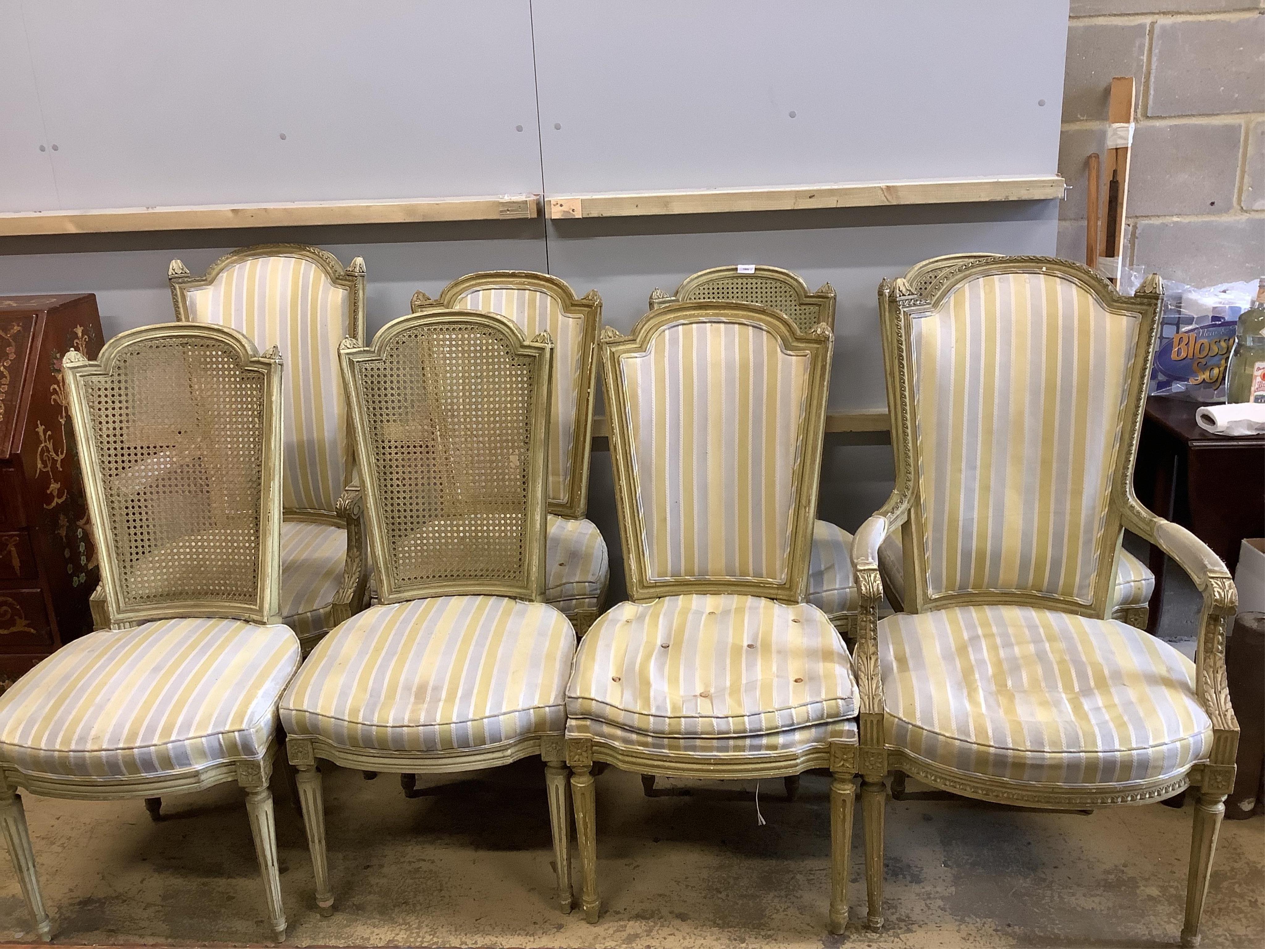 A harlequin set of eight French cream painted dining chairs, comprising a pair of carvers, four cane and two upholstered, largest height 115cm. Condition - poor